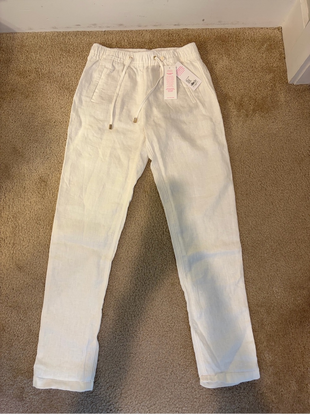 White Drawstring Linen-Blend Pants